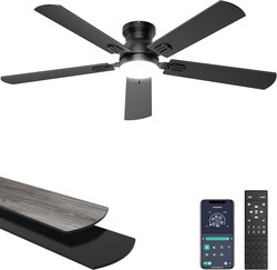 Ohniyou Ceiling Fans with Lights, 52 Inch Low Profile Ceiling Fan with Light and Remote/APP Control, Flush Mount, Dimmable, Quiet DC Motor, Black Ceiling Fan for Bedroom, Living Room