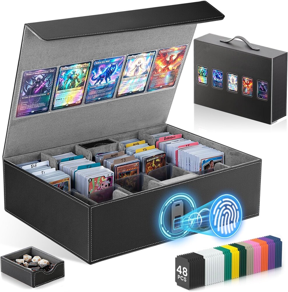 Trading Card Storage Box with Fingerprint Lock | 3900+ 5-Row Deck Box for MTG Commander, Portable Vault Case with Front Display for TCG, PTCG, Yugioh & Sports Cards, Fits 35PT Toploaders (Blk/Grey)