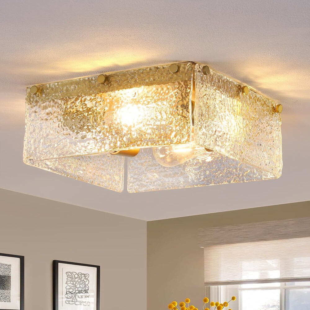 MWZ Modern Gold Semi Flush Mount Ceiling Light Fixture with Hammered Glass Shade, 4-Light 13.2'' Farmhouse Dimmable Flush Mount Lamp with Square Metal Chassis for Kitchen Island Hallway Laundry