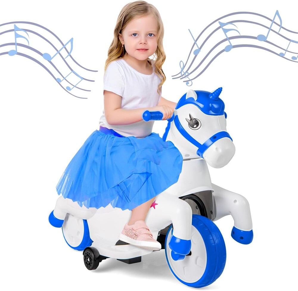 OLAKIDS 2 in 1 Ride on Motorcycle and Horse, Unicorn 6V Battery Powered Ride on Toy with Up & Down Function, MP3, Power Display, Training Wheels, Kids Electric Vehicle Aged 3-6 Years (Blue)
