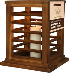 Premium 11.5" H Lantern Decorative Indoor & Outdoor - Large Wooden Candle Lantern & Plant Stand for Holiday Decor, Farmhouse, Patio, Table, Golden Teak Finish