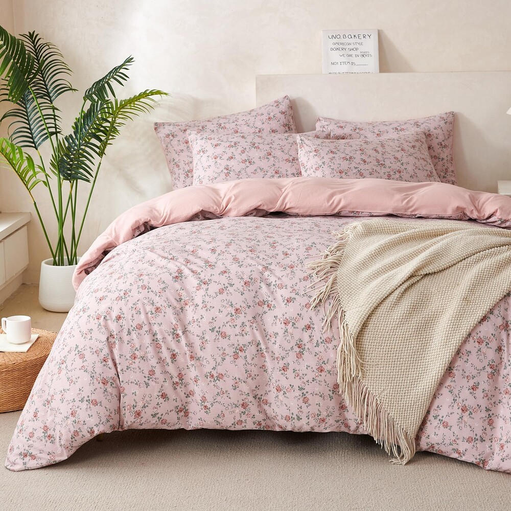 Duvet Cover Set King Floral Luxury Soft Brushed Microfiber Crinkle Gauze Fabric 3 Pieces Bedding Set Flower Pattern Duvet Cover King with Zipper Closure Breathable Comfy