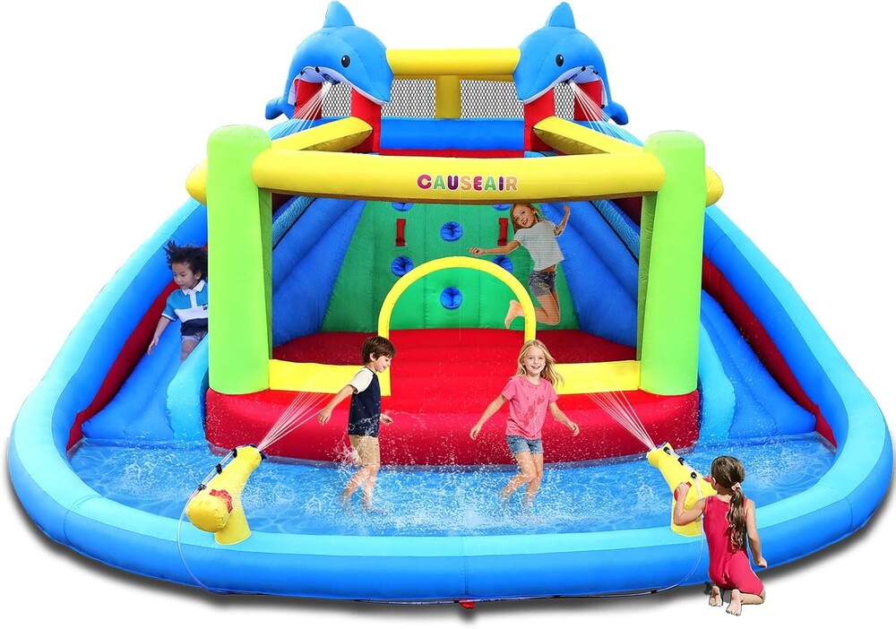 Causeair Inflatable Water Slide with Bounce House,Dolphin Styling,Splashing Pool,Double Water Cannon,Climbing Wall,Heavy Duty GFCI Blower,Inflatable Water Park Slide for Kids Backyard Summer