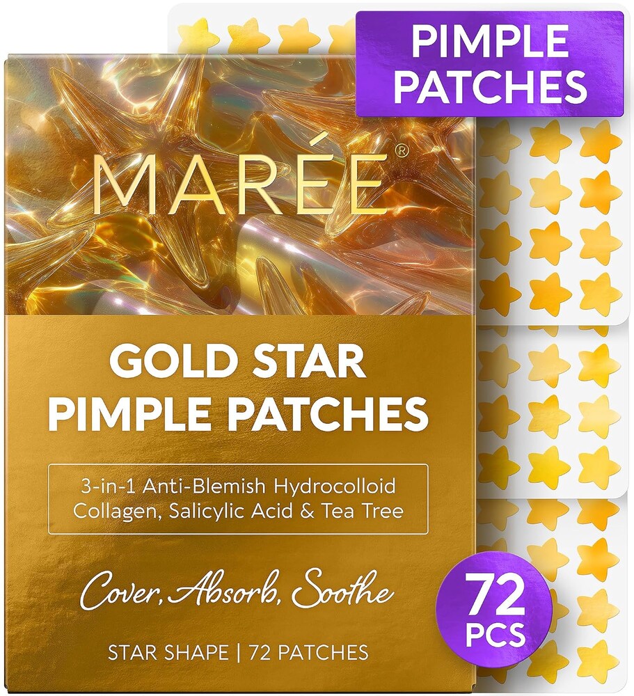 MAREE Gold Star Pimple Patches for Face - Acne Patches Stars with Salicylic Acid - Cute Hydrocolloid Pinple Patch for Kids, Teens, Adults Large Zit Stickers 72 Count (Pack of 1)