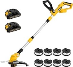 20V Electric Weed Wacker Cordless Edger Lawn Tool 2 X 2.0Ah Battery Powered Weed Eater and Charger, 12" Lightweight String Trimmer, Auto Line Feed Grass Cutter Lawn Mower for Small Yard Garden, Yellow