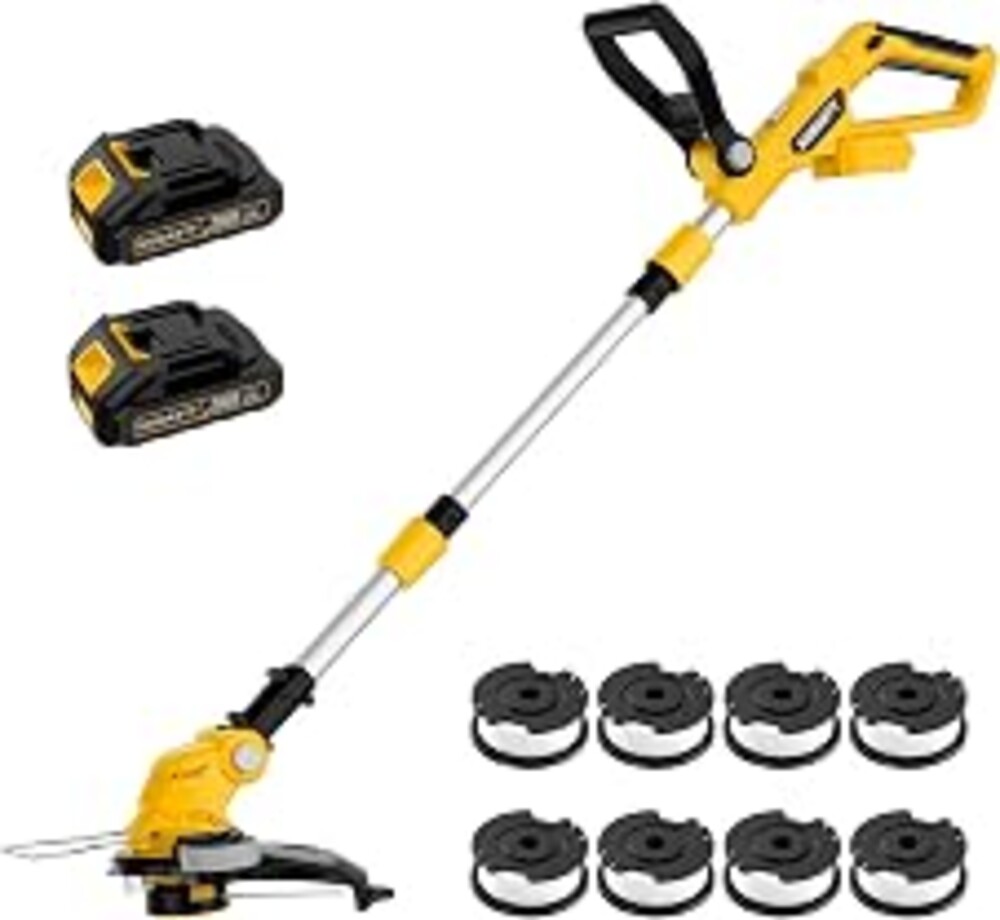 20V Electric Weed Wacker Cordless Edger Lawn Tool 2 X 2.0Ah Battery Powered Weed Eater and Charger, 12" Lightweight String Trimmer, Auto Line Feed Grass Cutter Lawn Mower for Small Yard Garden, Yellow