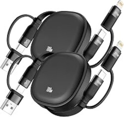 5 in1 Retractable USB Type C Cable 100W, 2Pack Multi Charging Cable 5A Fast Charging Cord USBC Cable with USB A+C to L/C Travel Essentials Charger for iPhone Series,Samsung Galaxy,MacBook,iPad(3.86ft)