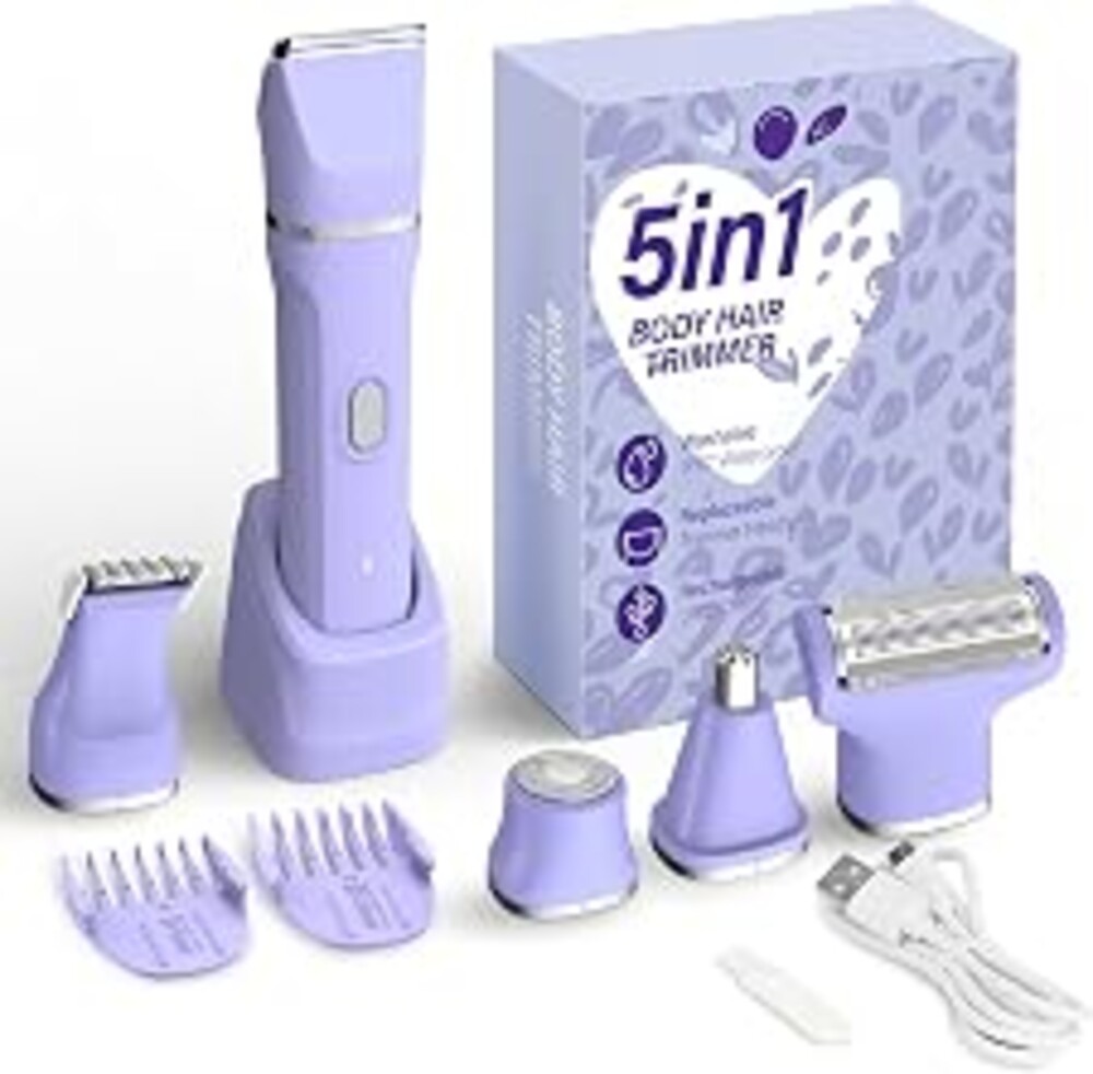 KINGTEE 5-in-1 Electric Bikini Trimmer for Women – IPX7 Waterproof Shaver, Cordless Body & Facial Razors for Women, Ceramic Blades, USB-C Rechargeable, Painless Hair Removal Kit (Purple)
