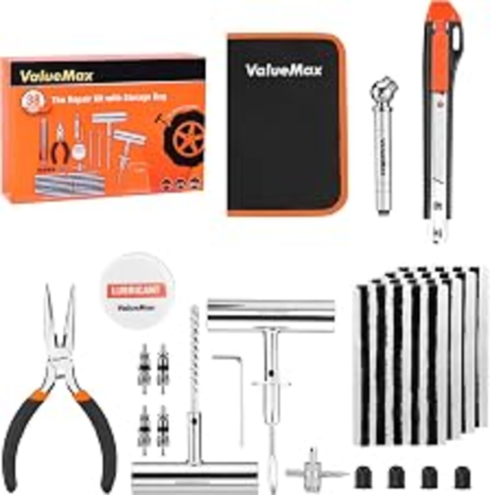 ValueMax Tire Repair Kit, 38PCS Universal Heavy Duty Car Tool Kit for Fix Punctures, Tire Plug Tools for Cars, Motorcycles, ATV, SUV, RV, Tractors, Trucks, etc.