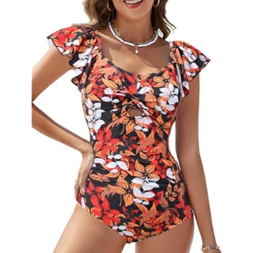 VIAURBE Women's Ruffle One Piece Swimsuit Tummy Control Bathing Suit Floral Print Ruched Slimming Monokini
