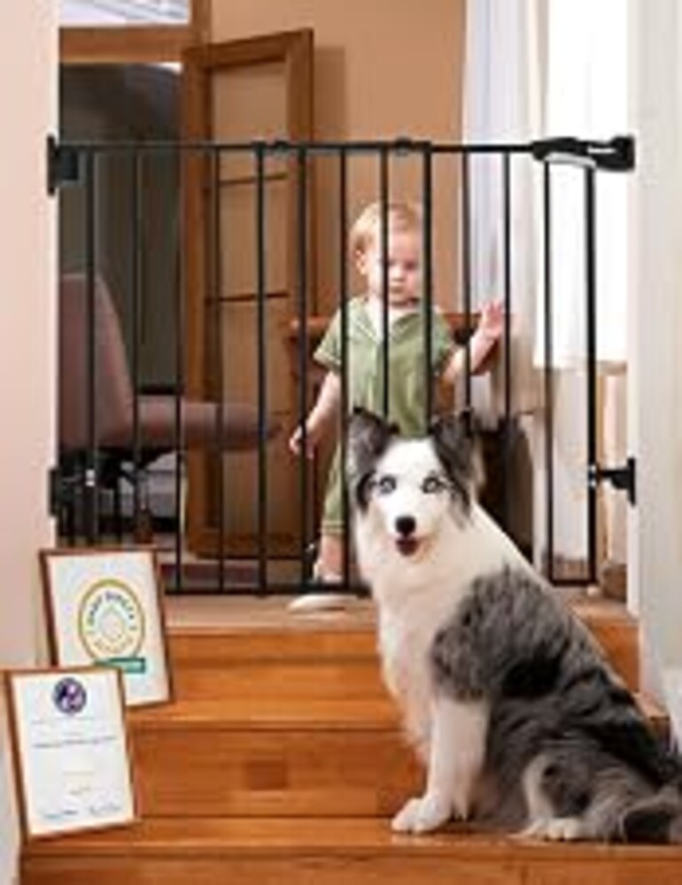 Babelio Baby Gate for Stairs, Kitchen & Doorways, No Bottom Bar| One-Handed Operation| Auto-Close| Hardware Mount (Drill Needed) Safety Dog/Pet Gate (Black - B17, 26-43" W, 28" H)