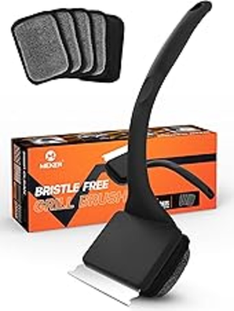 MEKER Grill Brush Bristle Free, Grill Cleaner Brush with 5 BBQ Replacement Head for Cast Iron, Stainless Steel Grates, Safe Grill Scraper Outdoor BBQ Grill, Black