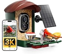 HEAPETS Bird Feeder with Camera Solar Powered, 3K HD Video, AI Bird Recognition, Auto Capture with Instant Notifications, IP65 Weatherproof, Gifts for Seniors Bird Watchers, Brown