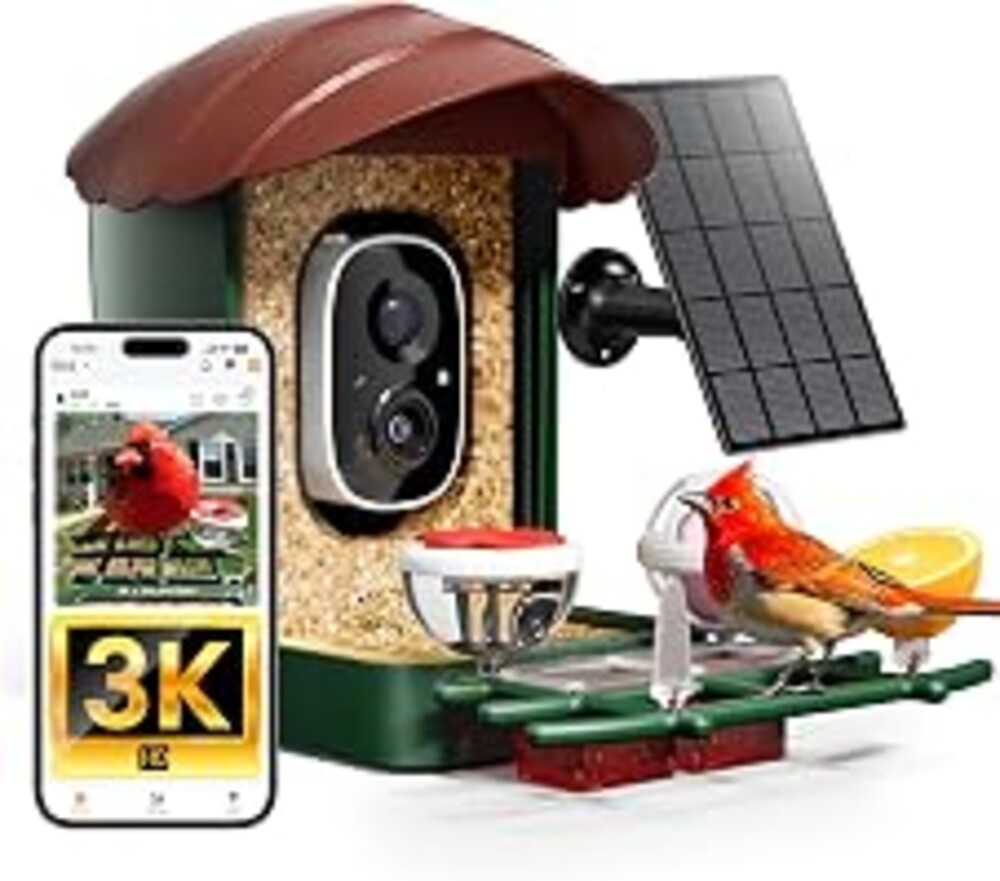HEAPETS Bird Feeder with Camera Solar Powered, 3K HD Video, AI Bird Recognition, Auto Capture with Instant Notifications, IP65 Weatherproof, Gifts for Seniors Bird Watchers, Brown