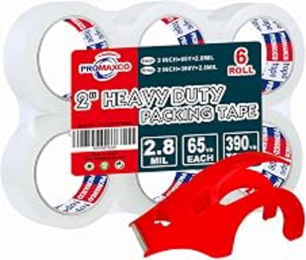 PROMAXCO Heavy Duty Packing Tape with Dispenser, 1.88 inch x 65Y, 6 Rolls | 1 Dispenser Included, Total 390Y, Clear, 2.8 mil, Ultra Strong, Refill for Packaging and Shipping