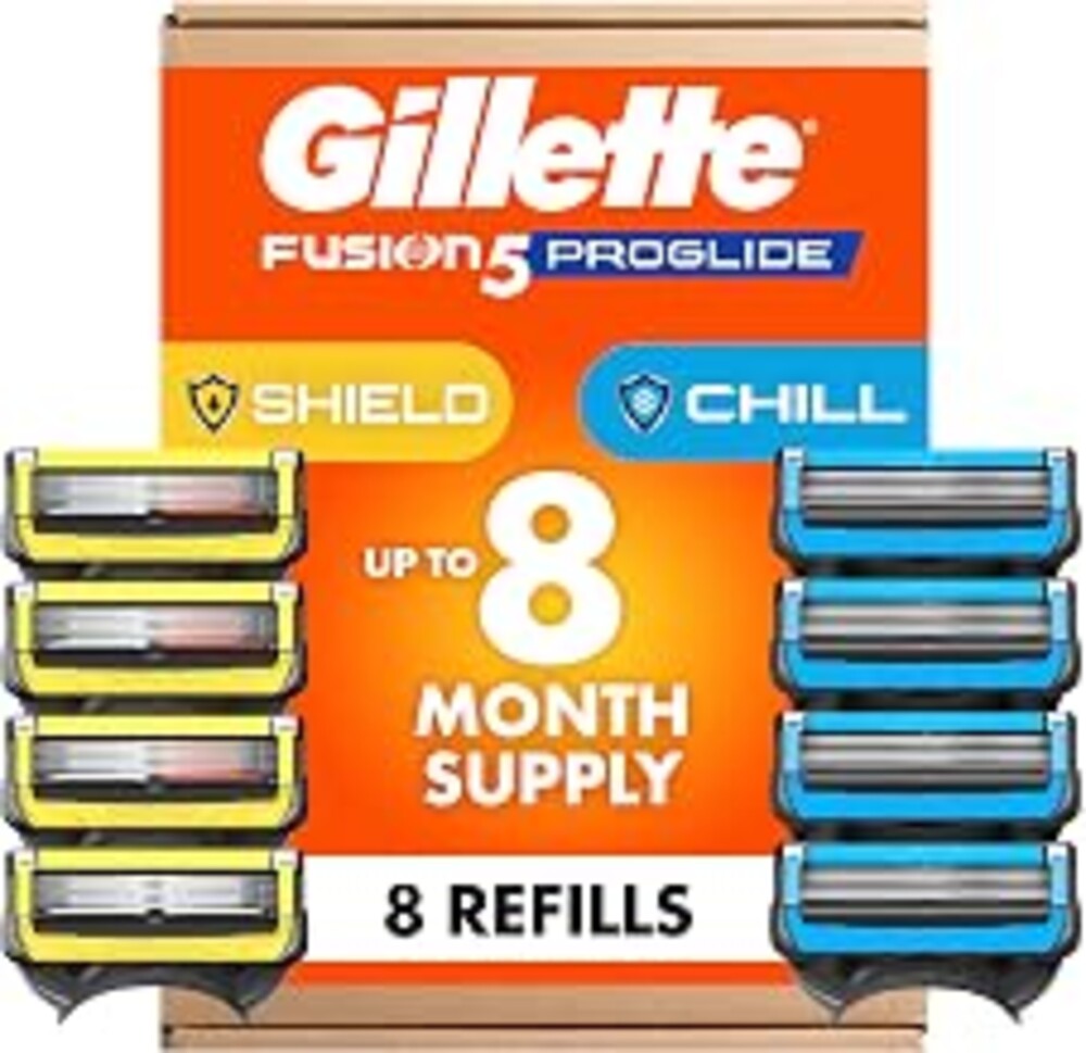 Gillette Mens Razor Blade Refills, 4 ProGlide Chill Cartridges, 4 ProGlide Shield Cartridges, Shields against Skin Irritation, Cools to sooth skin, 8 Count (Pack of 1)
