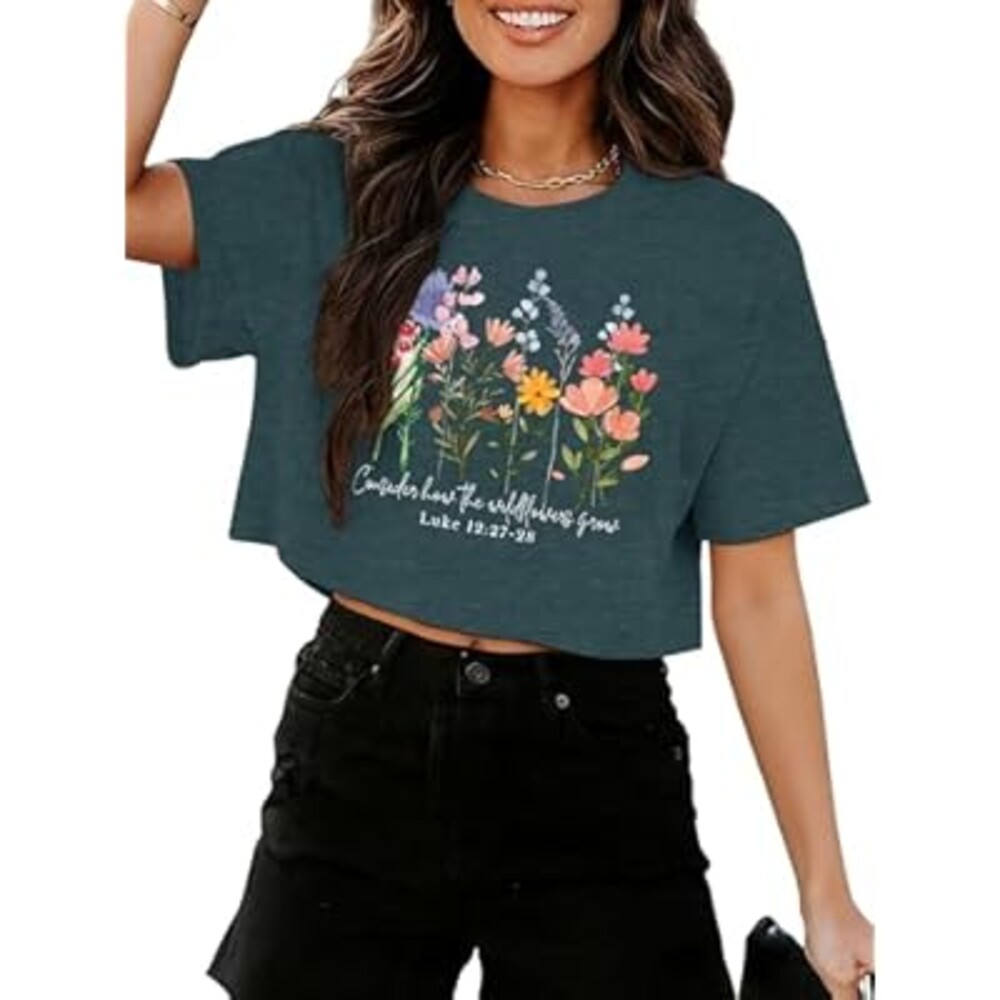 Binshre Womens Short Sleeve Crops Tops Summer Graphic Tees Crew Neck Cropped T Shirts Casual Loose Fit Blouse