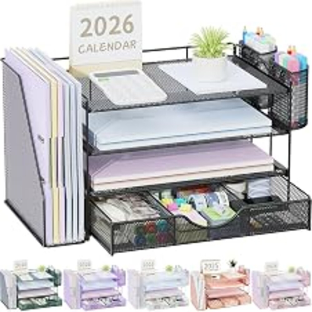 gianotter Desk Organizers and Accessories with File Holder, 4-Tier Desk Accessories & Workspace Organizers with Drawer and 2 Pen Holder, Paper Organizer for Office Supplies (Black)
