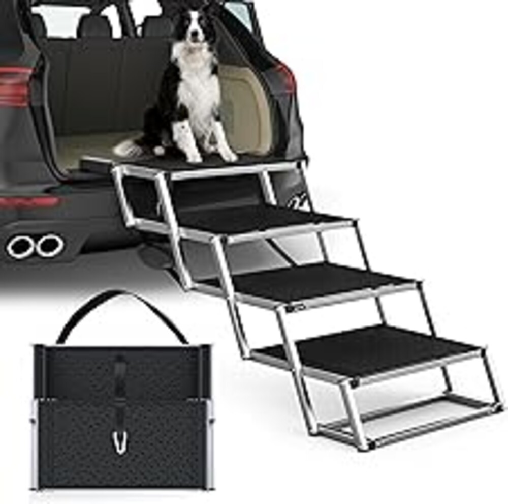PetRuna Extra Wide Dog Stairs for Large Dogs, Foldable Dog Ramp for Car with Non-Slip Surface, Dogs Stairs for Cars, High Beds, Truck, Supports up to 250 lbs, 4 Steps