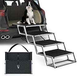 PetRuna Extra Wide Dog Stairs for Large Dogs, Foldable Dog Ramp for Car with Non-Slip Surface, Dogs Stairs for Cars, High Beds, Truck, Supports up to 250 lbs, 4 Steps