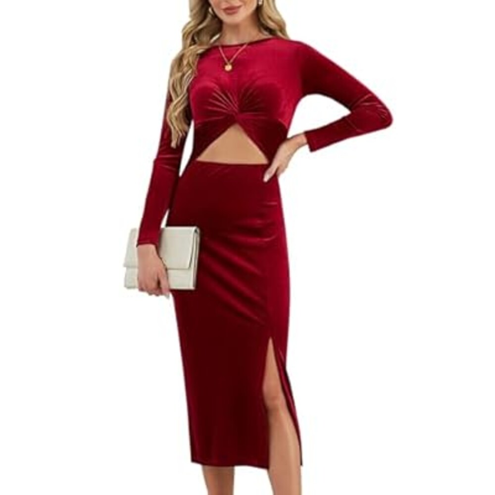 Simlakey Women Bodycon Midi Dress Long Sleeve Cut Out Pencil Dress Sexy Velvet Side Slit Twist Front Skirt Party Cocktail