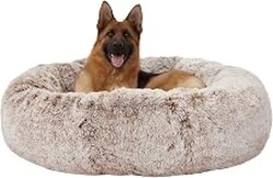 Bedfolks Calming Donut Dog Bed, 45 Inch Round Plush Bed for Extra Large Dogs, Anti-Anxiety, Washable with Non-Slip Bottom (Brown, Extra Large)
