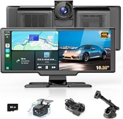 Portable Wireless Carplay Screen with Dashcam - Lehwey 10.26 Inch Car Play Tablet with 4K Front Dash Cam & 1080P Rearview Backup Camera, Bluetooth 5.0, FM, Voice Assistant, with 64GB TF Card