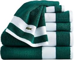 Lacoste Sport Stripe 6-Piece Luxury Cotton Towel Set – Made with 100% Soft Supima Cotton, Absorbent & Quick-Drying, Includes 2 Bath Towels, 2 Hand Towels, 2 Washcloths, Croc Green