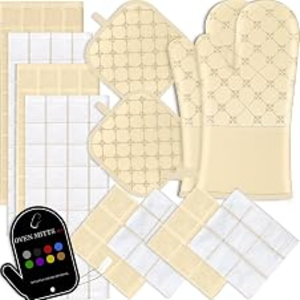 Oven Mitts Kitchen Towels Dishcloths with Pot Holders Sets 12PCS, Dish Towels Sets, Oven Gloves Pot Pads Heat Resistant 500 Degrees with Non-Slip Silicone Surface for Cooking Baking Grilling-Beige