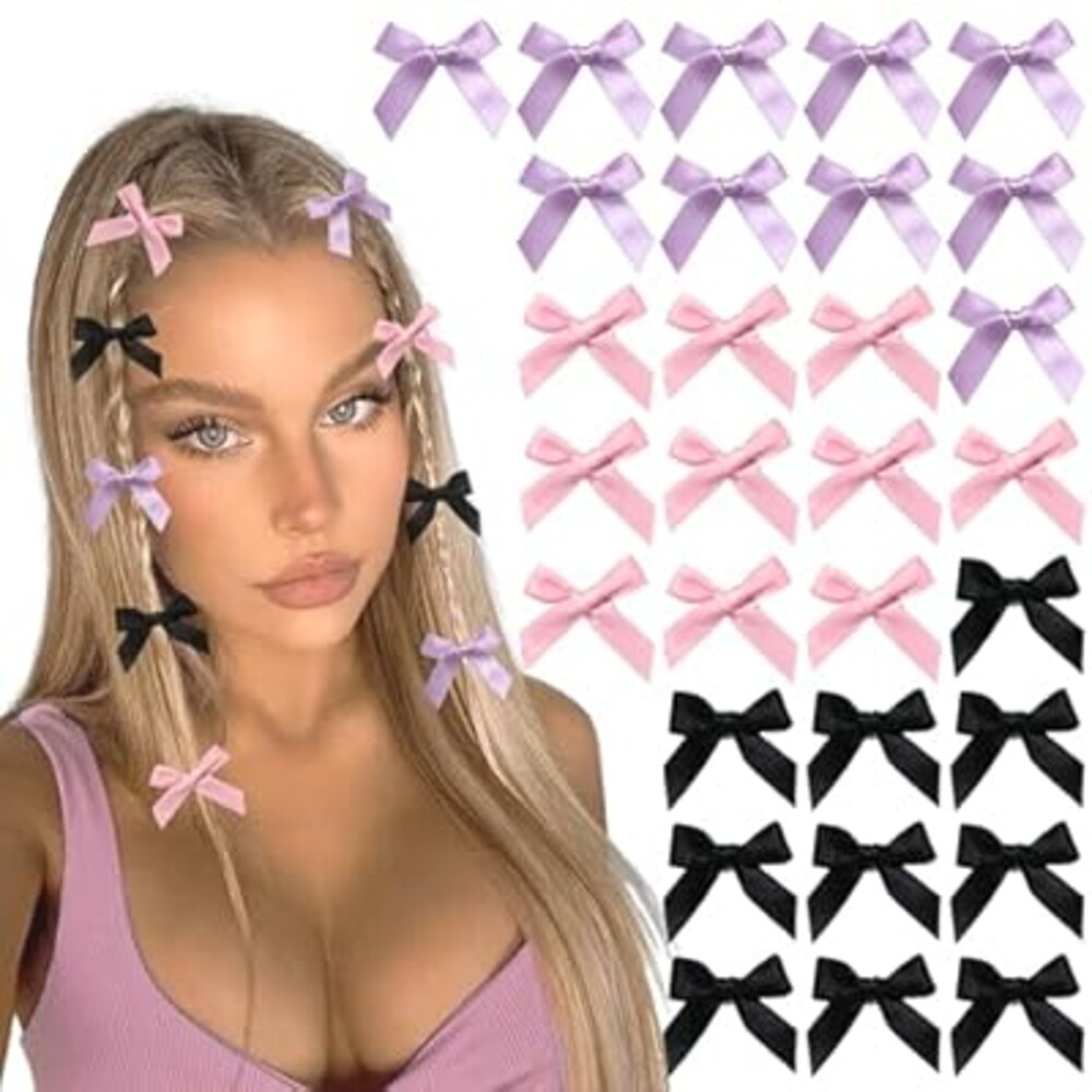 YAEISM 30PCS Bow Hair Clips 3 Colors Mini Hair Bows Kawaii Cute Hair Ribbon Clips Satin Black Purple Pink Bow Hair Accessories for Girls Women