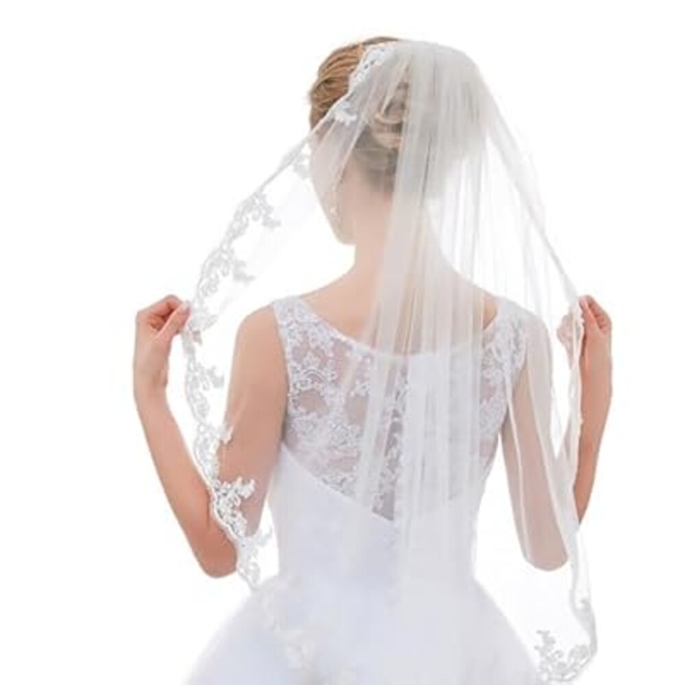 YAEISM Lace Wedding Veil White Cathedral Veil 1 tier Tulle Floral Lace Fingertip Bridal Veils With Comb Gorgeous Wedding Veils for Brides