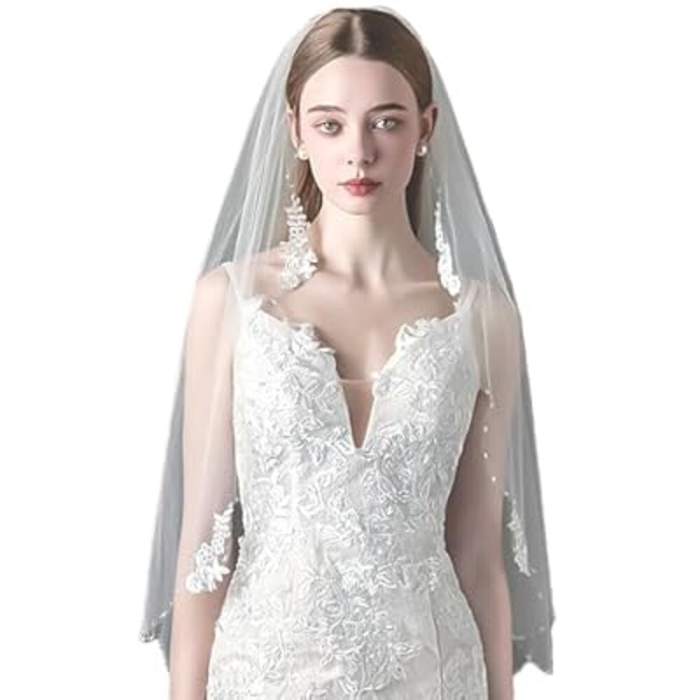 YAEISM Flower Lace Wedding Veil Pearl Edge Beaded Bridal Veil Elegant Floral Embroided Trim Bachelorette Party Veil 1 Tier Waist Length Ivory Veils for Brides