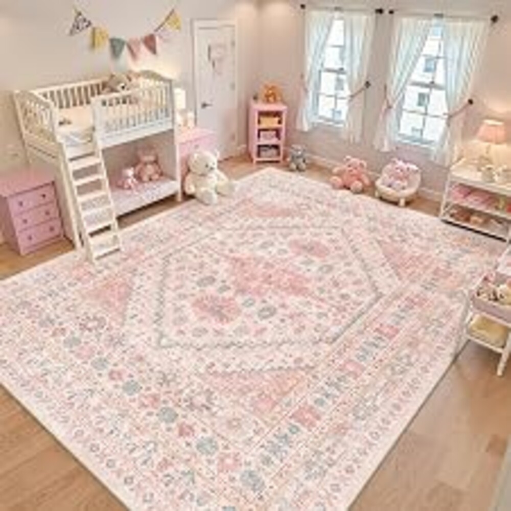 zesthome 10x12 Area Rugs for Girls Bedroom, Low Pile Machine Washable Rugs, Vintage Large Pink Rugs, Stain Resistant Nursery Room Rug, Baby Crawling Rug (Pink/Blue,10'x12')