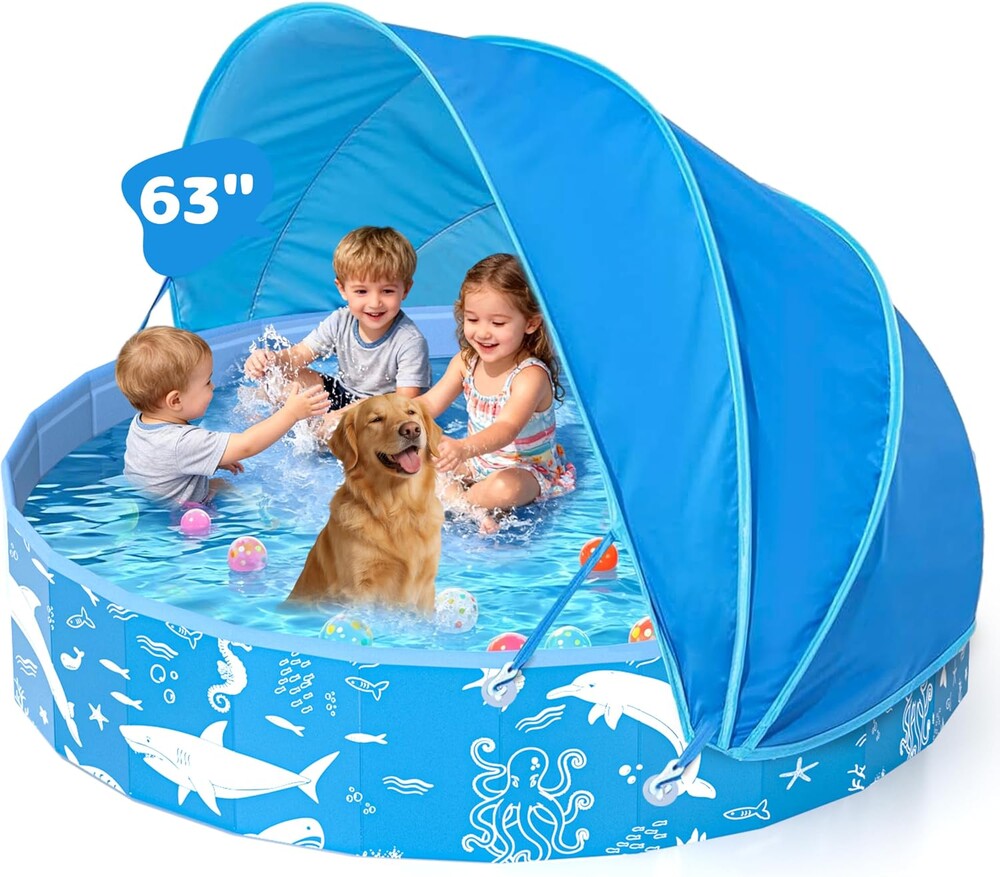 63” Extra Large Kiddie Pool with Canopy, EPN UPF 50+ Sun Shade Baby Pool, No Inflation Foldable Toddler Pool for Backyard Outdoor & Beach, Portable Thickened PVC BPA-Free Kids Water Play Pool, Blue