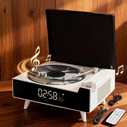 9-in-1 Portable Retro CD Player for Home with Built-in Hi-Fi Dual Stereo Speakers, Bluetooth, FM Radio, Remote Control & Timer, LED Display, Support USB/AUX/Type-C, Festival Gift, White