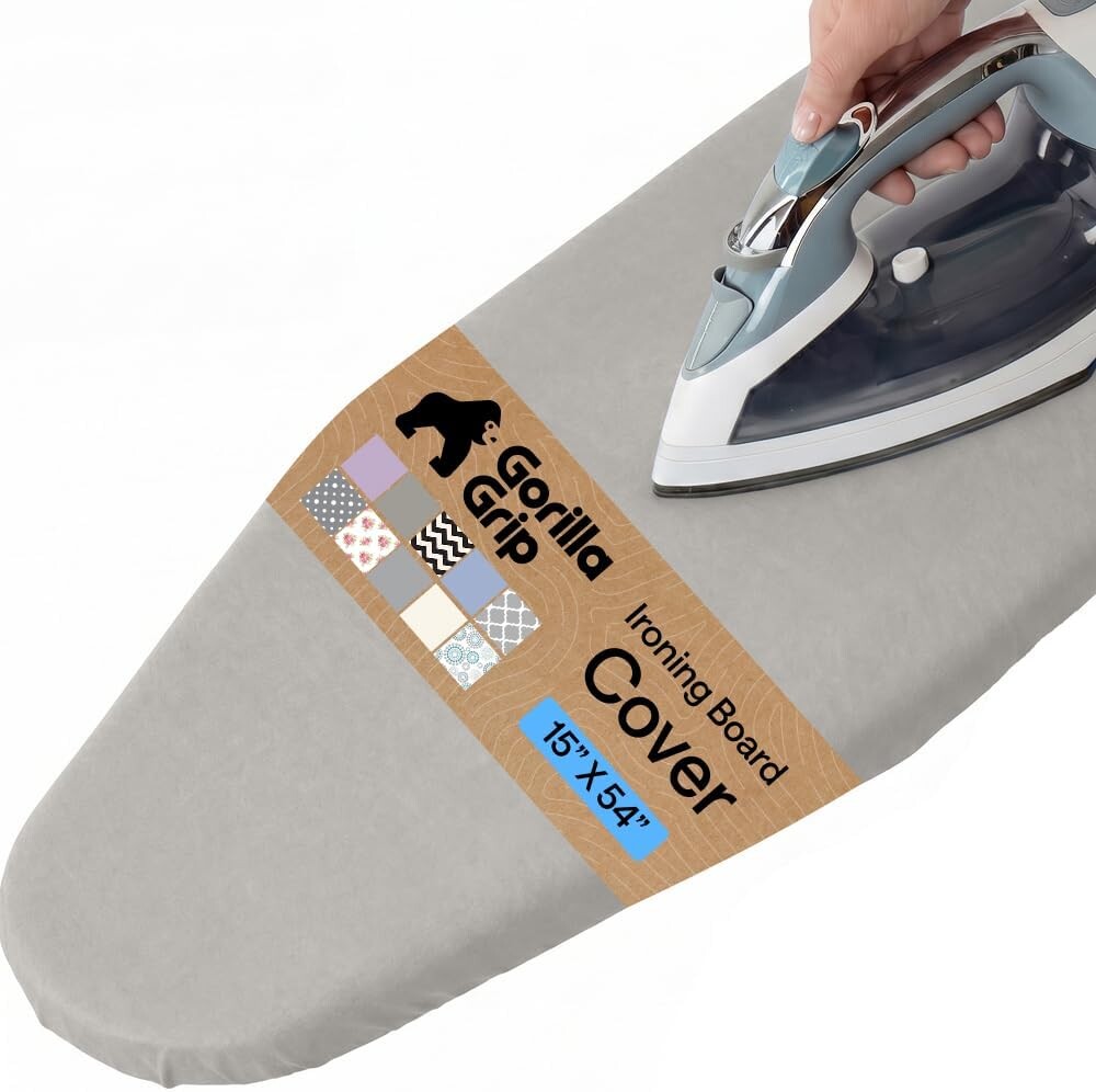 GORILLA GRIP The Original Ironing Board Cover and Pad, Silicone Coating, 400°F Scorch Resistant Thick Padding, Heavy Duty Iron Covers Standard Boards, Hook and Loop Fastener Strap, Silver 15x54
