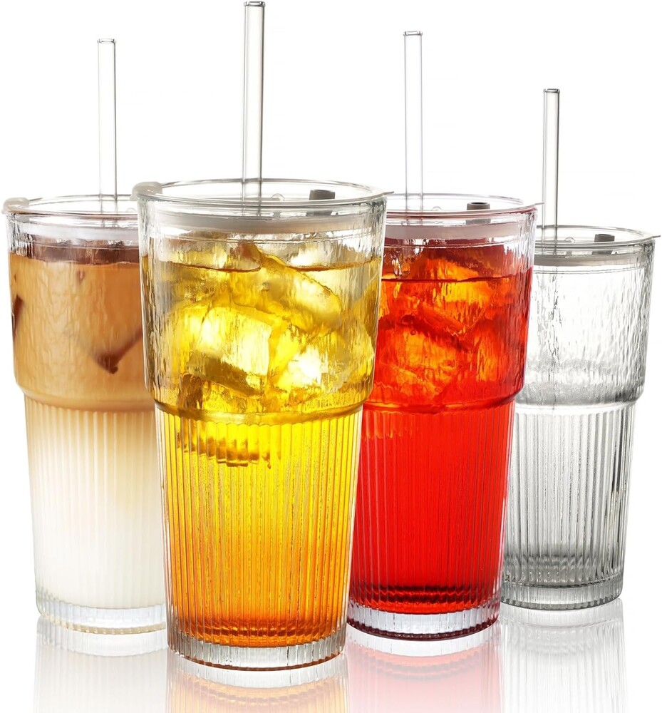 20 oz Iridescent Glass Tumbler With Lid and Straw Set, 4 Pcs Colorful Ribbed Glass Tumbler, Reusable Iced Coffee Cups for Water, Tea, Coffee, Juice, Yogurt, And Soda Water