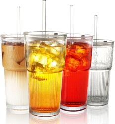 20 oz Iridescent Glass Tumbler With Lid and Straw Set, 4 Pcs Colorful Ribbed Glass Tumbler, Reusable Iced Coffee Cups for Water, Tea, Coffee, Juice, Yogurt, And Soda Water