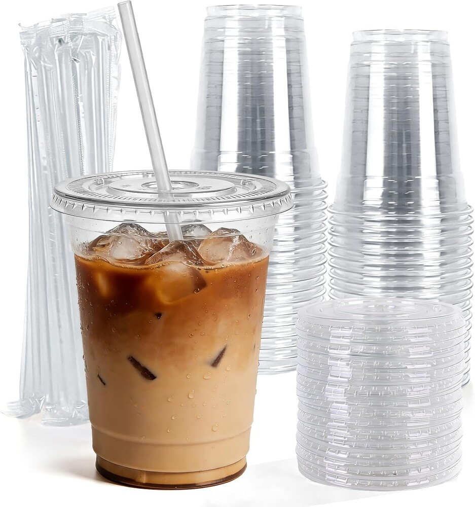 Astomi 12 oz Disposable Plastic Cups, Clear Iced Coffee Cups with Lids and Straws, Sturdy and Food-Safe Plastic Cups with Lids, Portable Clear Drink Cups for Parties, Events, and Offices (500-Pack)