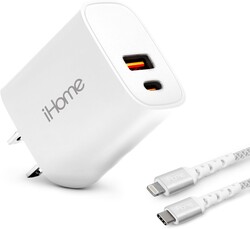 iHome Charge & Sync Bundle, Dual Port USB Charger, 20W Power Delivery, 6ft Lightning to USB-C Cable