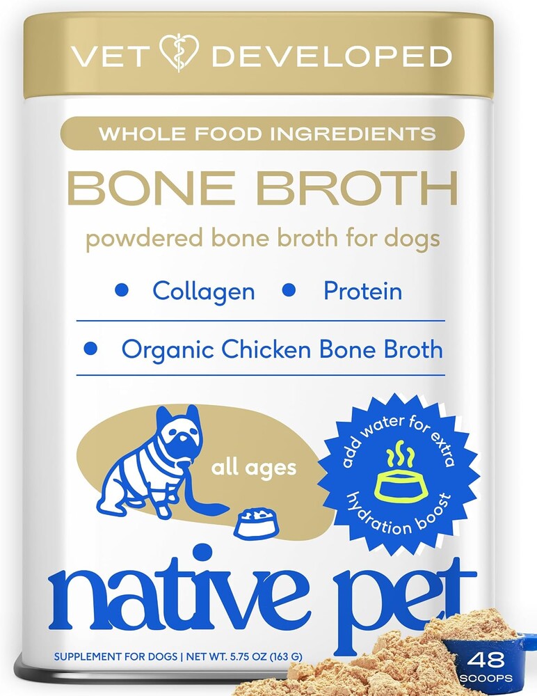 Native Pet Bone Broth for Dogs and Cats - Chicken Bone Broth Powder Dog Food Toppers for Picky Eaters - Provides Extra Nutrition for Joint Strength, Immune Support & Heart Health - 48 Scoops
