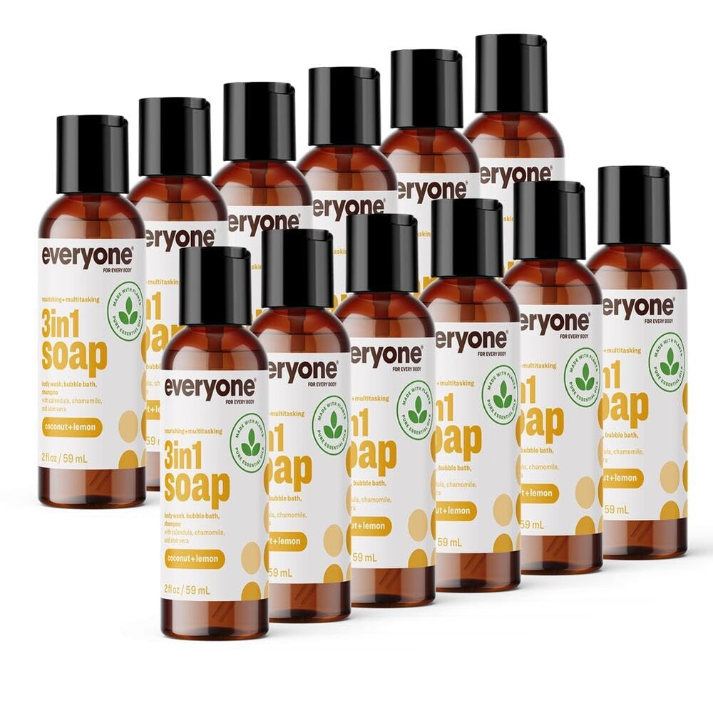Everyone 3-in-1 Soap Body Wash, Bubble Bath, Shampoo, Travel Size, 2 Ounce (Pack of 12), Coconut and Lemon, made with Essential Oils for Men and Women