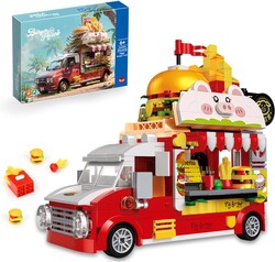 ecpoteny Piggy Burger Truck Mini Building Set, 566PCS Creative Fast Food Truck Playset City Car Toy, Imaginative Pretend Play Toys Gift for Kids Boys Girls Ages 6+