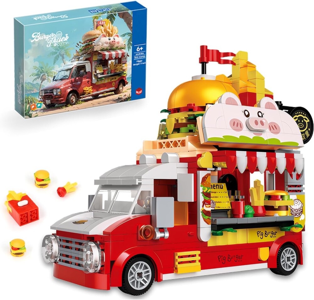 ecpoteny Piggy Burger Truck Mini Building Set, 566PCS Creative Fast Food Truck Playset City Car Toy, Imaginative Pretend Play Toys Gift for Kids Boys Girls Ages 6+