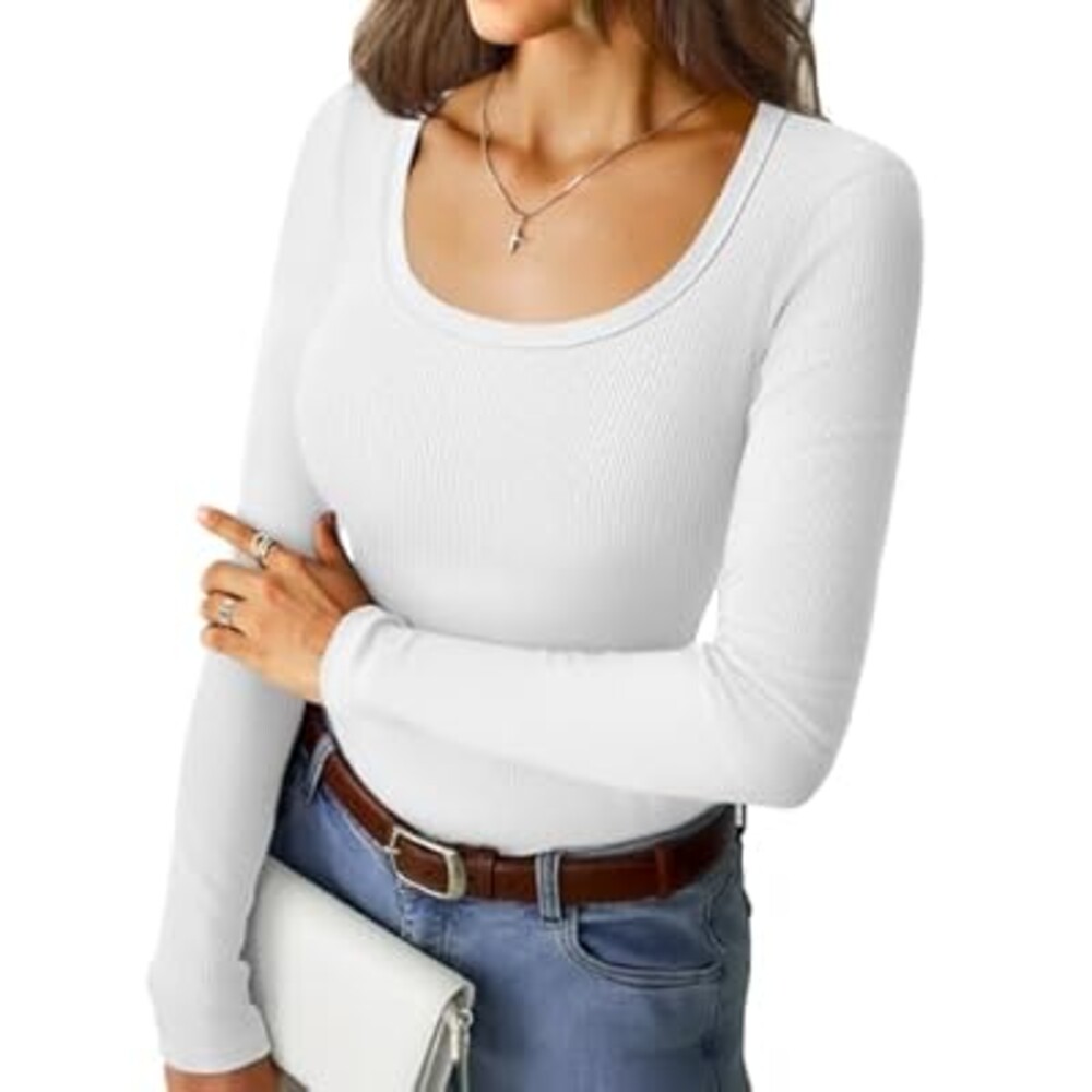 GKBK Women's Long Sleeve Tops Casual Scoop Neck Ribbed Knit Slim Fitted Basic Tee Shirts 2025 Fall Trendy Outfits