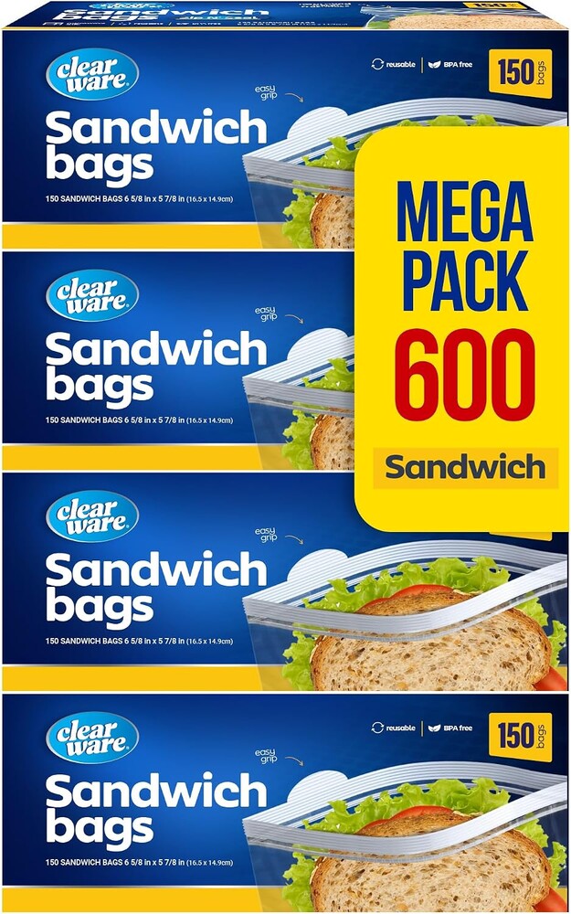 Sandwich Bags Zipper Top - 600 Count Resealable Plastic Food Storage Bags For Lunch, Snacks - Reusable Zipper Lock Containers for Fruit, Veggies - Freezer & Microwave-Safe, Strong Seal - 4 Boxes