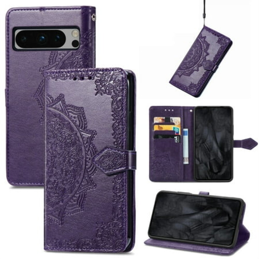 Dteck for Google Pixel 8 Case, Embossed Pixel 8 Wallet Case with Wrist Strap, PU Leather Shockproof Folio Case with Magnetic Closure Kickstand for Google Pixel 8,Purple