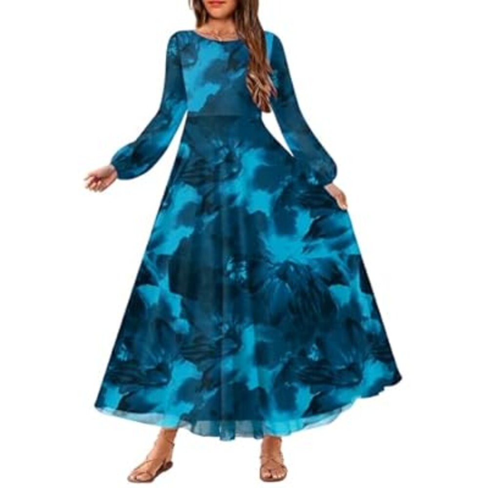 HOSIKA Girls Fall Floral Dress Puff Long Sleeve A-Line Formal Party Holiday Maxi Dress 6-13 Y
