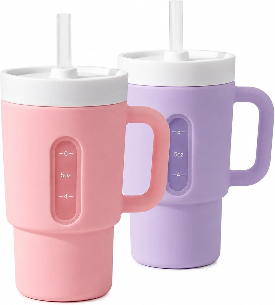 DeeCoo® My 1st Tumbler, 7oz Silicone Sippy Cup with Straw & Handle, 2-Pack BPA-Free Spill-Resistant Baby Cup for Toddlers, Easy-Clean Transition Cup for Home & Travel, Kids Cups (Pink & Purple)