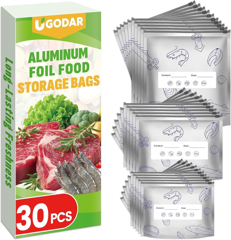 Reusable Aluminum Foil Sealable Storage Bags, 100% Light-Blocking Vacuum Zipper Pouches, Odor-Proof Stand-Up Bags with Label, Extended Freshness for Vegetable Fruit Meat (30PCS, 3 Sizes) | Lock Freshness